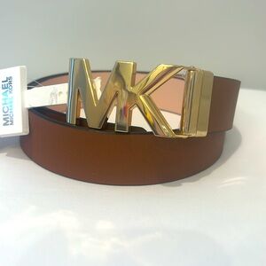 Michael Kors Reversible Gold MK Logo Belt Brown/Pink